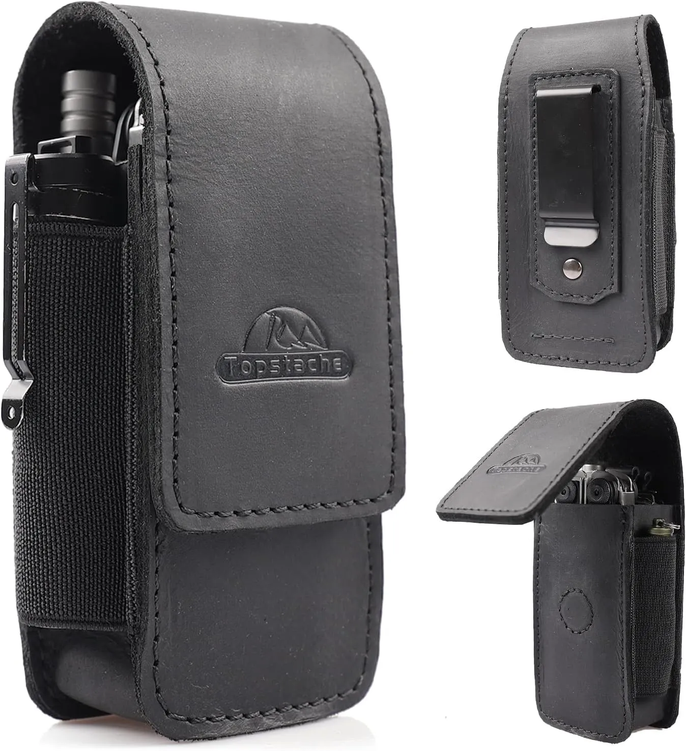 Topstache Multitool Sheath with Belt Clip - EDC Belt Organizer Multi Tool Case - Leather Multitool Holster for Belt - Magnetic Closure Leather Multitool Pouch Fits Folding Tool, Black