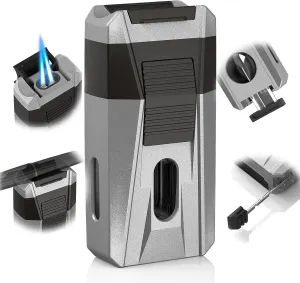 Torch Lighter with Cutter, Holder, Draw Enhancer Tool, Dual Jet Flame, Refillable Butane Torch Lighter, Windproof Lighters for Men with a Gift Box, Butane Lighter for Candles, Travel (Without Butane)