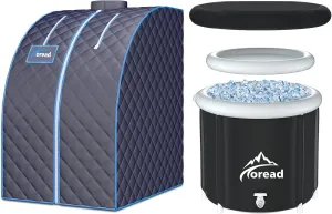 TOREAD Sauna and Cold Plunge Combo-Single Personal Steam Sauna Spa Portable Folding Steam Sauna with 1000W&2.6L steam Generator and Portable Ice Bath Tub-87gal Portable Cold Plunge Tub with Carry Bag