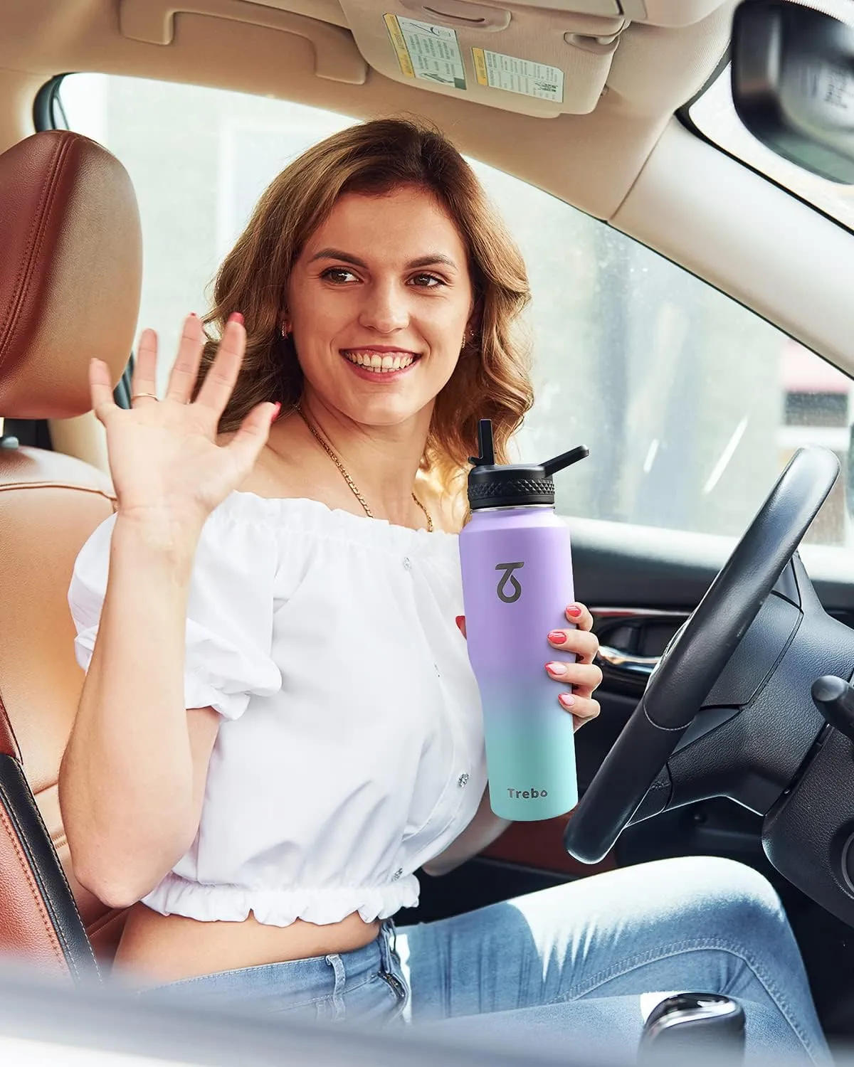 Trebo 32oz Insulated Water Bottle that Fits in Cup Holder, Stainless Steel Double Wall Tumbler Bottles with Paracord Handle, Flask with Straw Spout Lids, Keep Cold for 48 Hrs/Hot 24 Hrs,Cotton Candy