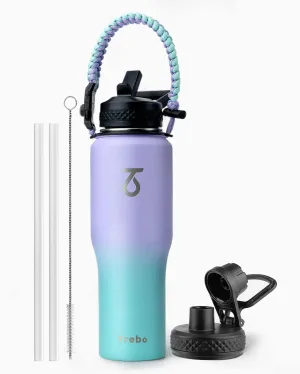 Trebo 32oz Insulated Water Bottle that Fits in Cup Holder, Stainless Steel Double Wall Tumbler Bottles with Paracord Handle, Flask with Straw Spout Lids, Keep Cold for 48 Hrs/Hot 24 Hrs,Cotton Candy