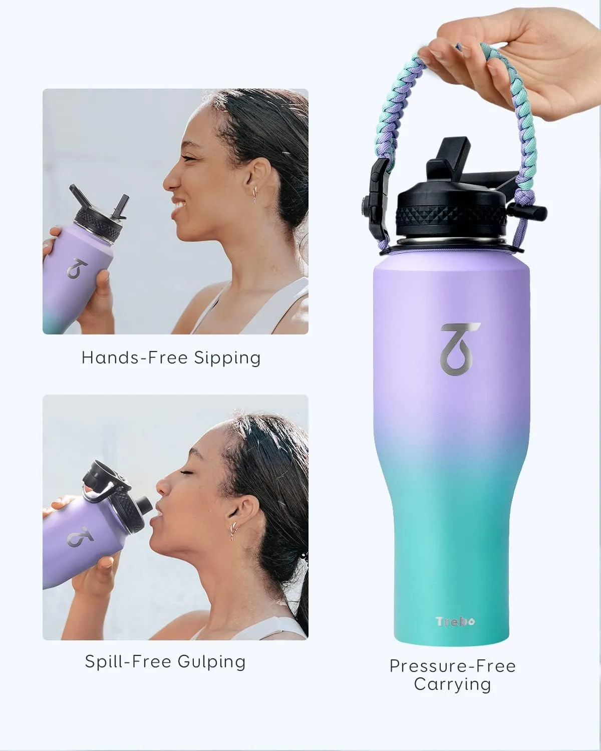 Trebo 40oz Insulated Water Bottle that Fits in Cup Holder, Stainless Steel Double Wall Tumbler Bottles with Paracord Handle, Flask with Straw Spout Lids, Keep Cold for 48 Hrs/Hot 24 Hrs,Cotton Candy