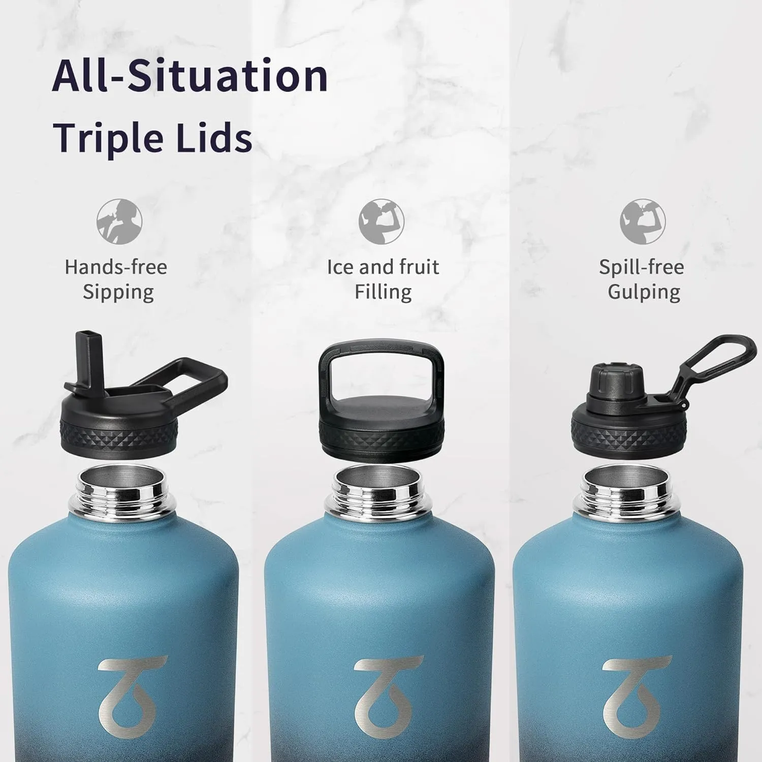 Trebo One Gallon Water Bottle Insulated with Paracord Handle,128oz Large Stainless Steel Water Jug,Vacuum Double Wall Insulated 24hr Cold Retention,Leakproof Flask with 3 Lids,Indigo Black