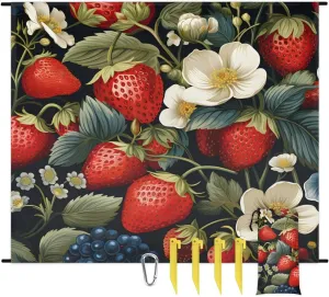 Tropical Strawberry Beach Blanket, Sandproof Beach Mat, 68 x 59 Waterproof Quick Drying Sand Free Mat with 4 x Ground Spikes for Outdoor Travel Camping Hiking, Flowers