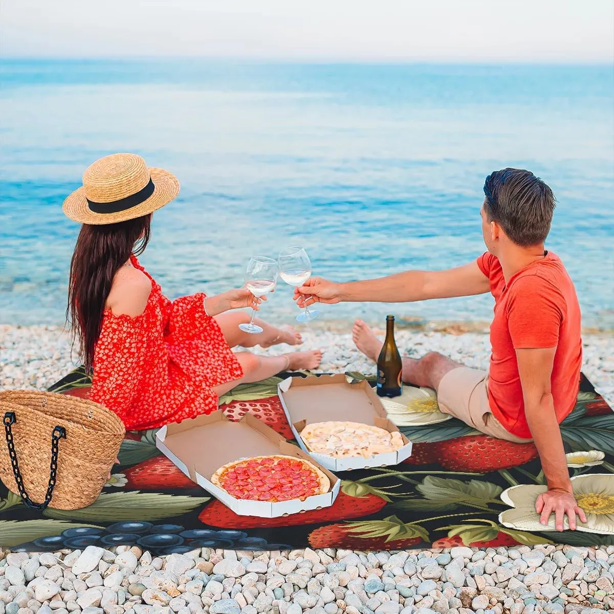 Tropical Strawberry Beach Blanket, Sandproof Beach Mat, 68 x 59 Waterproof Quick Drying Sand Free Mat with 4 x Ground Spikes for Outdoor Travel Camping Hiking, Flowers