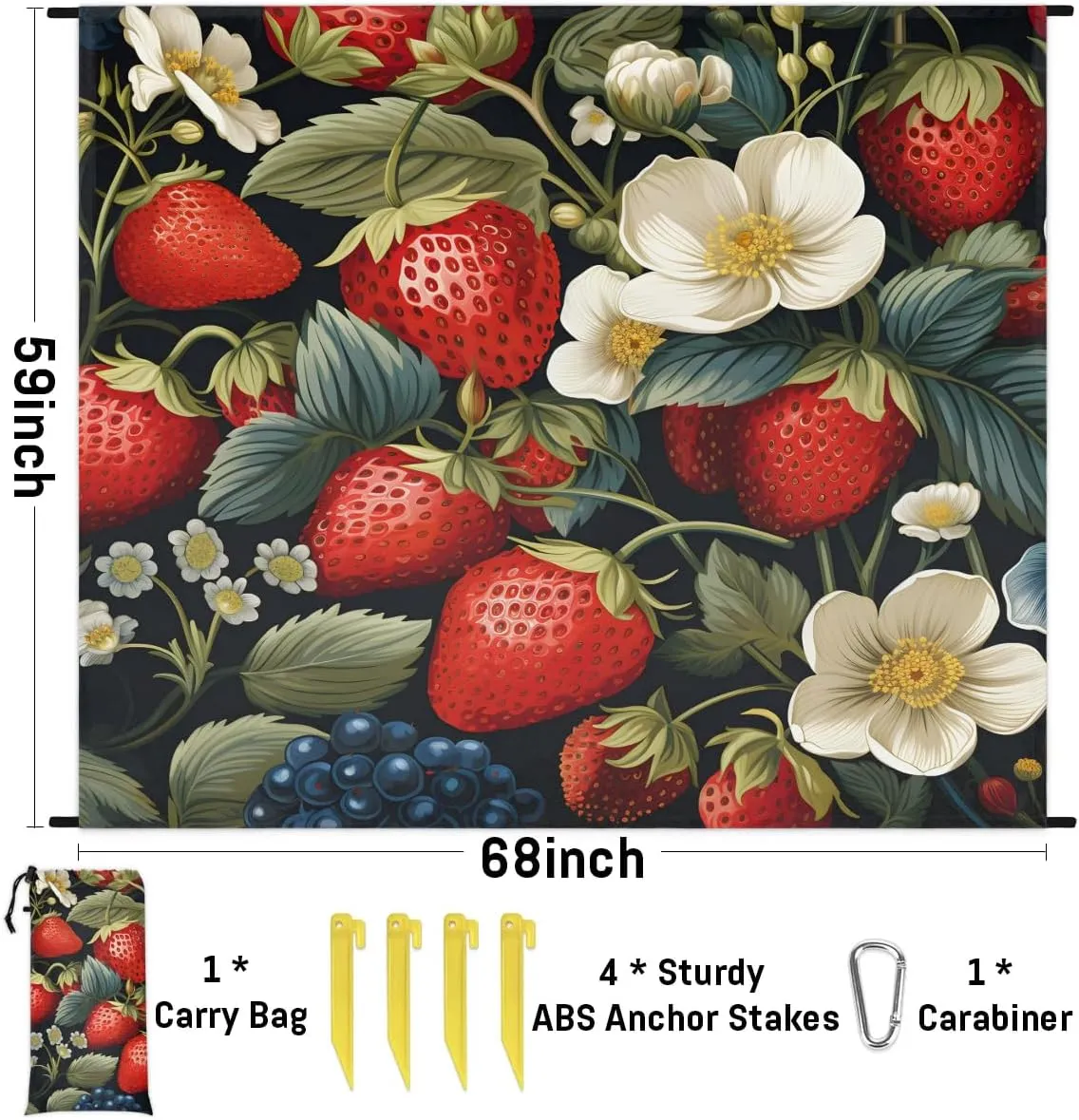 Tropical Strawberry Beach Blanket, Sandproof Beach Mat, 68 x 59 Waterproof Quick Drying Sand Free Mat with 4 x Ground Spikes for Outdoor Travel Camping Hiking, Flowers