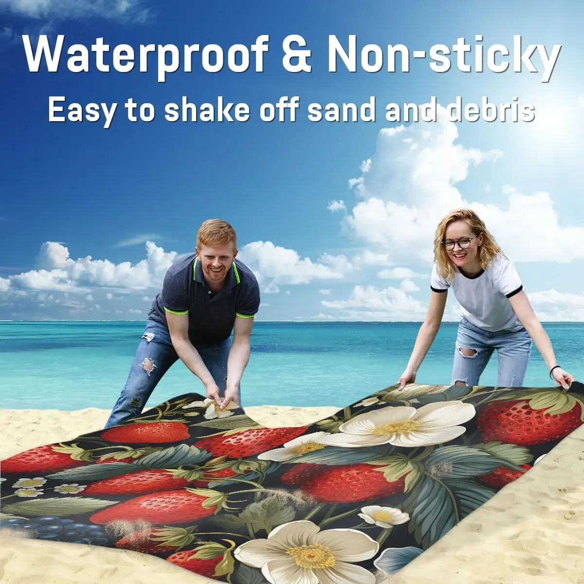 Tropical Strawberry Beach Blanket, Sandproof Beach Mat, 68 x 59 Waterproof Quick Drying Sand Free Mat with 4 x Ground Spikes for Outdoor Travel Camping Hiking, Flowers