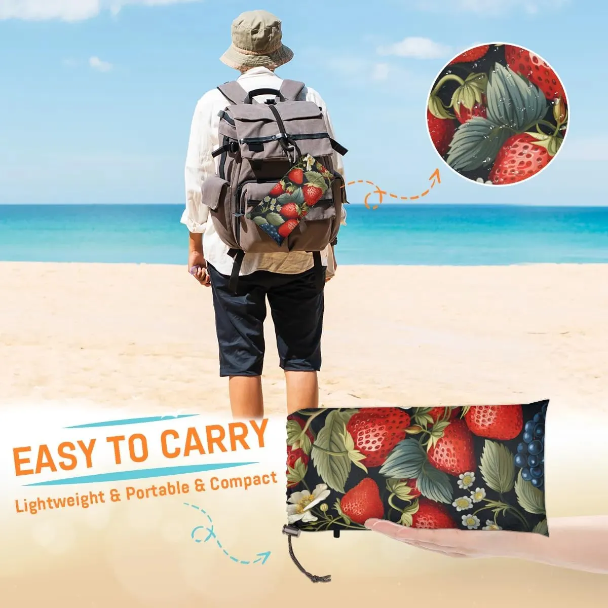 Tropical Strawberry Beach Blanket, Sandproof Beach Mat, 68 x 59 Waterproof Quick Drying Sand Free Mat with 4 x Ground Spikes for Outdoor Travel Camping Hiking, Flowers