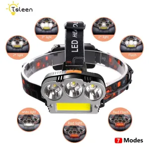 TSLEEN 1000LM Rechargeable LED HeadLamp 3*T6 COB Red LED Bicycle Head Light Lamp Outdoor Camping Flashlight  USB  18650 Battery