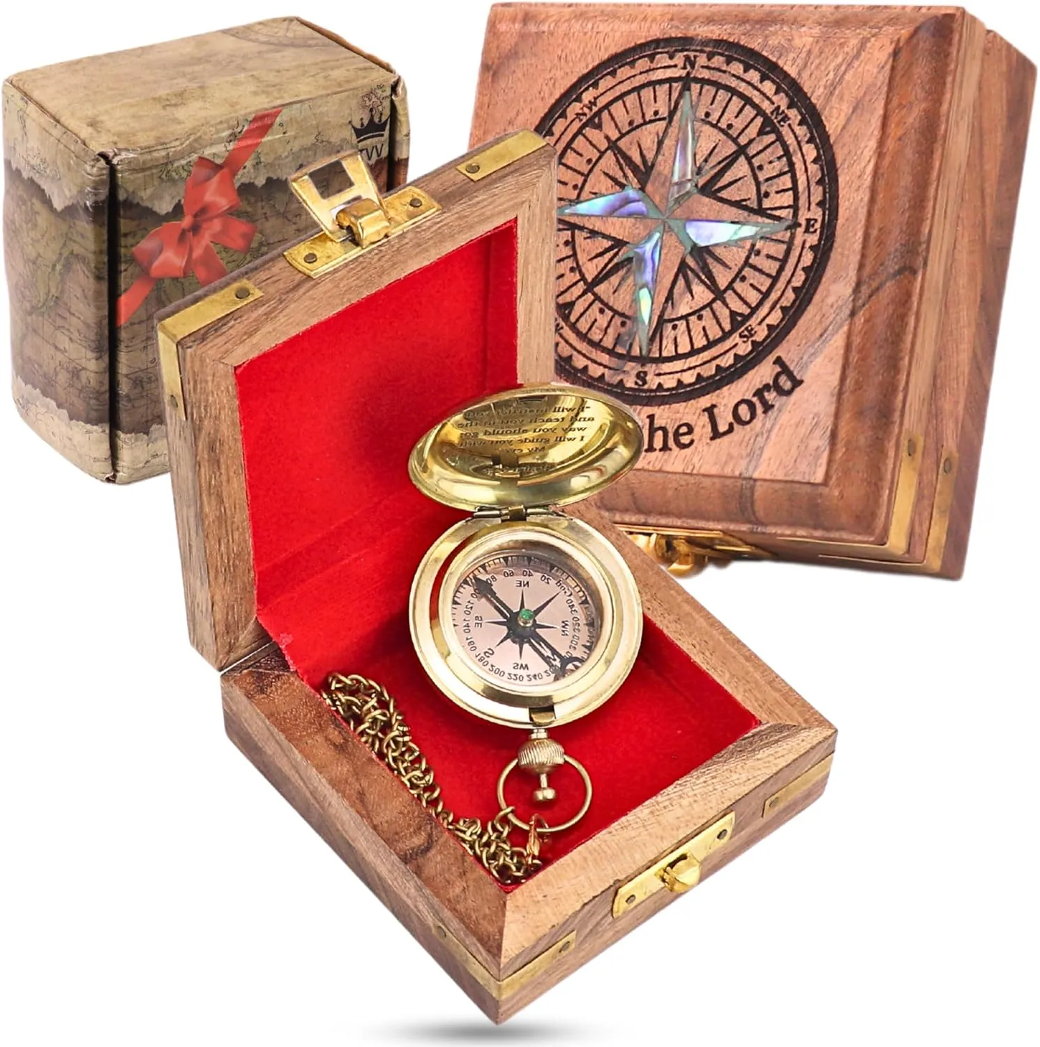 TVV-Christian Compass Gift for Him – Solid Brass Pocket Compass with Bible Verses – Baptism Gifts for Boys, Religious Compass Gift for Graduation, Confirmation – Includes Wooden Box & Greeting Card