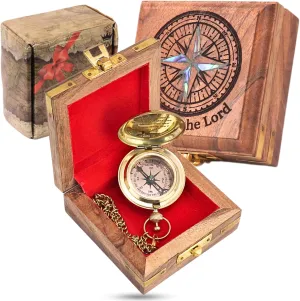 TVV-Christian Compass Gift for Him – Solid Brass Pocket Compass with Bible Verses – Baptism Gifts for Boys, Religious Compass Gift for Graduation, Confirmation – Includes Wooden Box & Greeting Card