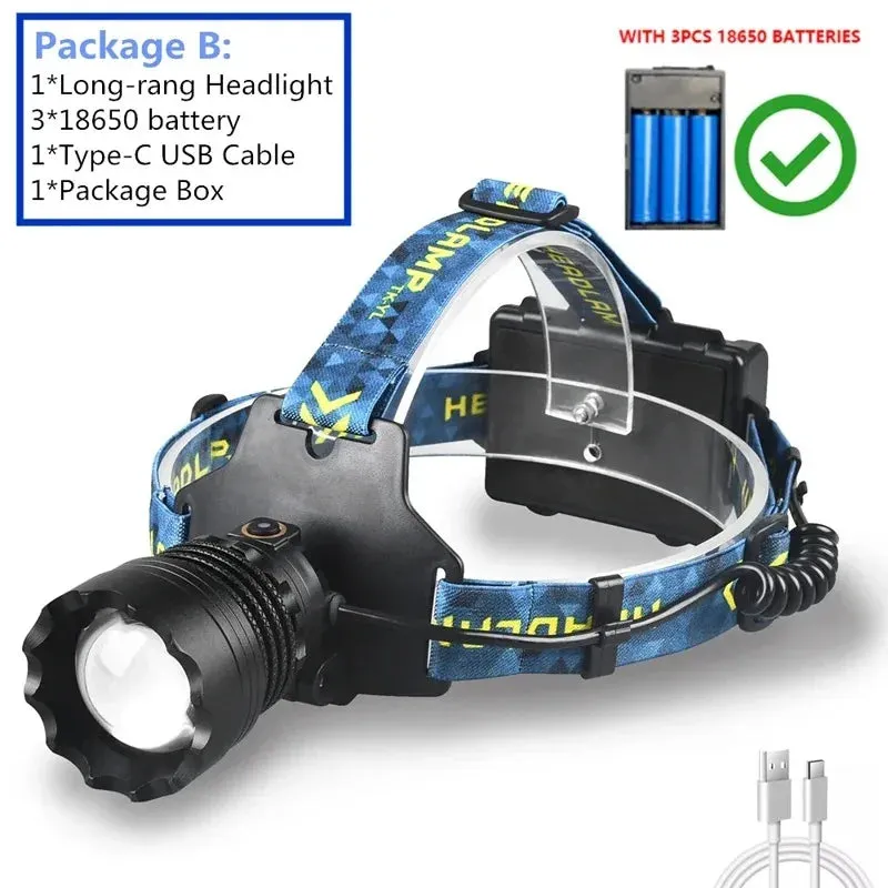 Ultra Bright LED Headlamp - Zoomable, Long-Range Spotlight for Outdoor Fishing