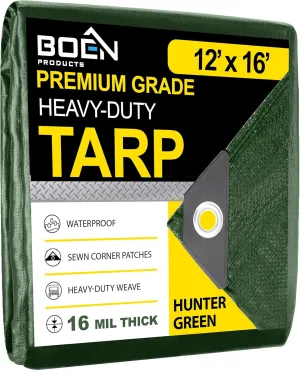 Ultra Heavy Duty Tarp Waterproof Large Cover | Hunter Green, 12' x 16 16 Mil Thick | Rip Proof Tarps | Thick Weave Material, UV Resistant Great for Tarpaulin Canopy Tent, Boat, RV or Pool Cover