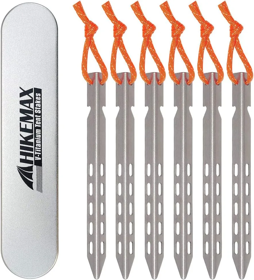 Ultralight Titanium Tent Stakes 6 Pack - V-Shaped Tent Pegs with Reflective Pull Cords - Made for Camping
