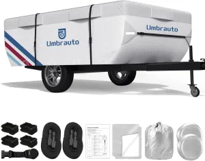 Umbrauto Pop Up Camper Cover for 18'-20' Folding Tent Trailers, 300D Silver Oxford, Waterproof, Windproof, Sun-Resistant, Tear-Resistant, Heavy-Duty RV Cover with Straps & Air Vents