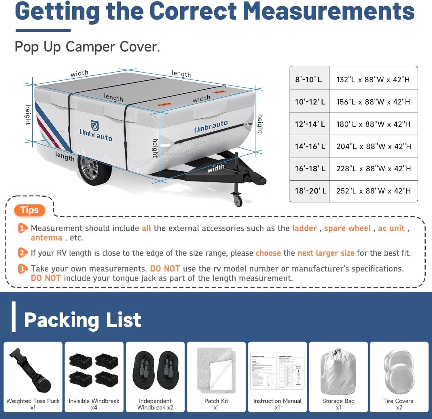 Umbrauto Pop Up Camper Cover for 18'-20' Folding Tent Trailers, 300D Silver Oxford, Waterproof, Windproof, Sun-Resistant, Tear-Resistant, Heavy-Duty RV Cover with Straps & Air Vents