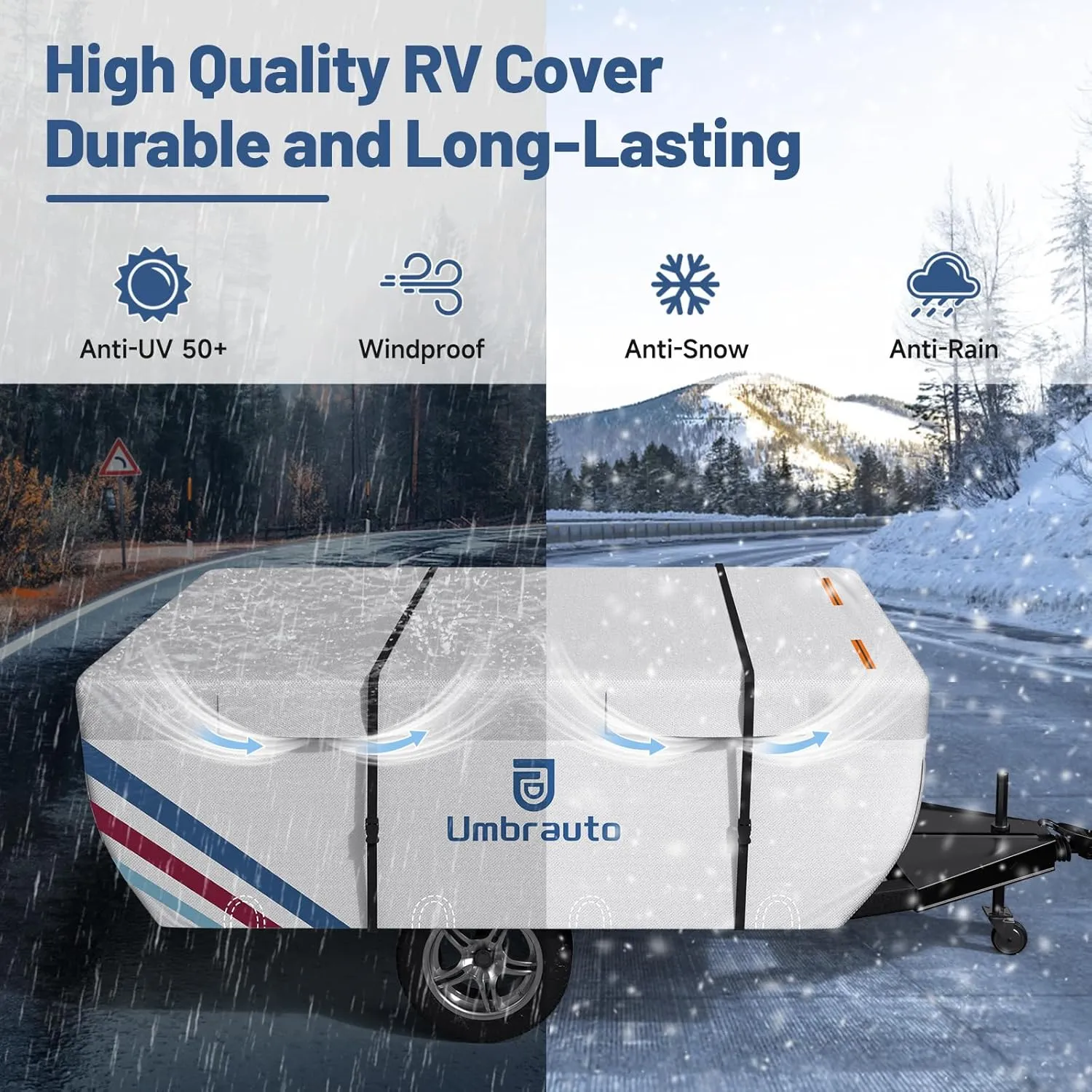 Umbrauto Pop Up Camper Cover for 18'-20' Folding Tent Trailers, 300D Silver Oxford, Waterproof, Windproof, Sun-Resistant, Tear-Resistant, Heavy-Duty RV Cover with Straps & Air Vents
