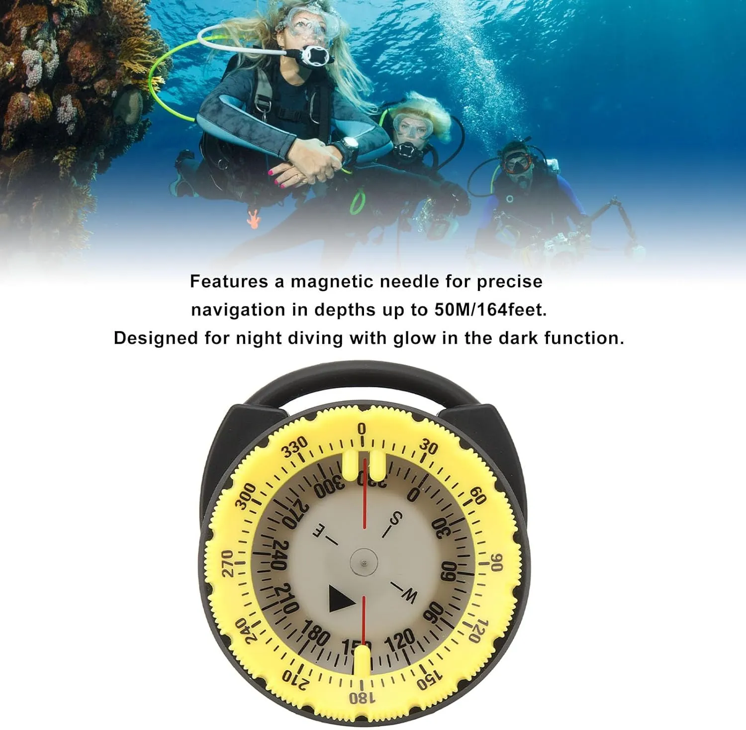 Underwater Diving Compass, 50M Luminous Magnetic Waterproof Pipe Clamp Diving Compass Mini Survival Watchband Wrist Mount Compass for Diving Water Sports