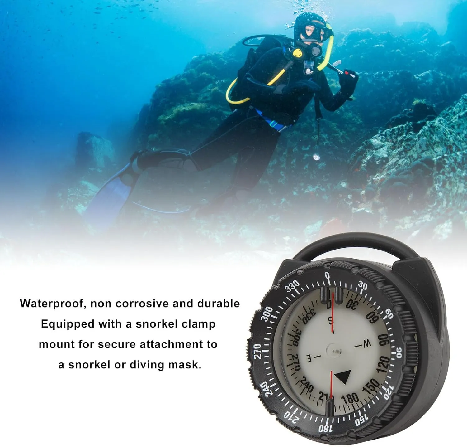 Underwater Diving Compass 50M,Magnetic Small Dive Compass Luminous,Waterproof Pipe Clamp Compass for Scuba Water Sports