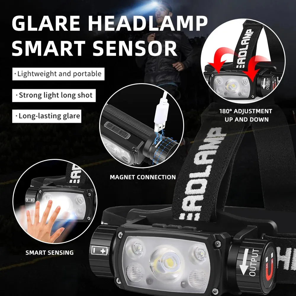 USB Rechargeable LED Headlamp, Powerful 3-Modes, Induction Sensor, 18650 Battery, XHP50 for Night Camping & Outdoors