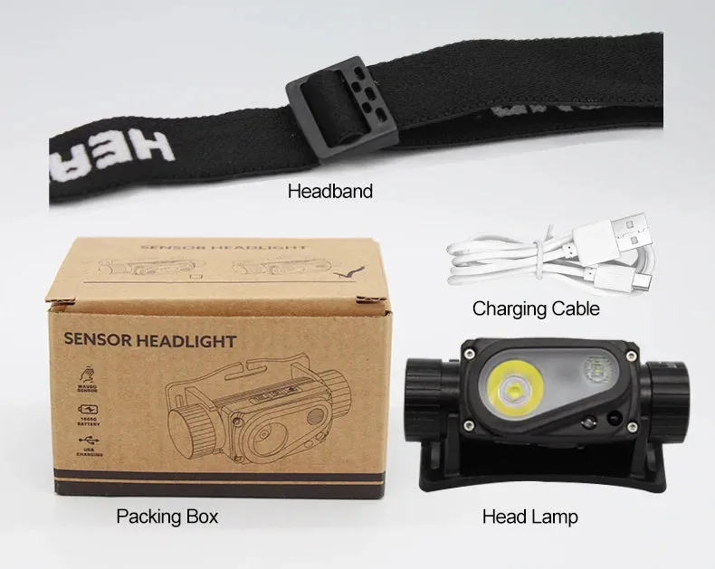 USB Rechargeable LED Headlamp, Powerful 3-Modes, Induction Sensor, 18650 Battery, XHP50 for Night Camping & Outdoors