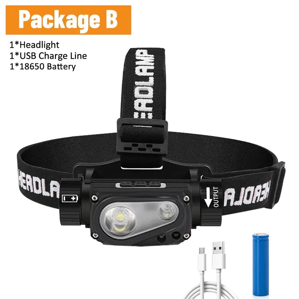 USB Rechargeable LED Headlamp, Powerful 3-Modes, Induction Sensor, 18650 Battery, XHP50 for Night Camping & Outdoors