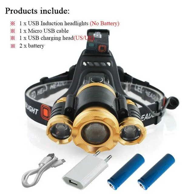 usb sensor headlight zoom headlamp 18650 charge battery CREE xml t6 head torch lamp hoofdlamp waterproof camping pesca linterna