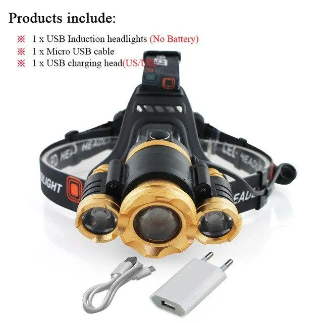 usb sensor headlight zoom headlamp 18650 charge battery CREE xml t6 head torch lamp hoofdlamp waterproof camping pesca linterna