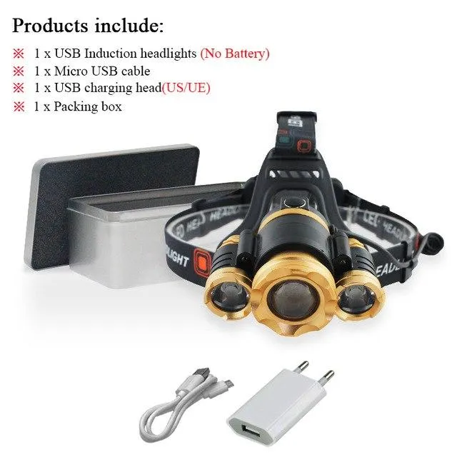 usb sensor headlight zoom headlamp 18650 charge battery CREE xml t6 head torch lamp hoofdlamp waterproof camping pesca linterna