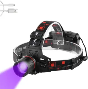 UV Headlamp Rechargeable, Headlamp Ultraviolet Light LED Blacklight Headlight 395nm Head Torch Zoomable for Night Fishing, Scorpions Hunting, Auto Oil and HVAC Leaks (UV White Light)