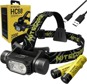 Value Bundle: NITECORE HC68 High Performance Dual Beam E-focus Headlamp- 2000 Lumens w/EXTRA High 3500 Mili AH Capacity Cell and Eco Sensa Battery Included