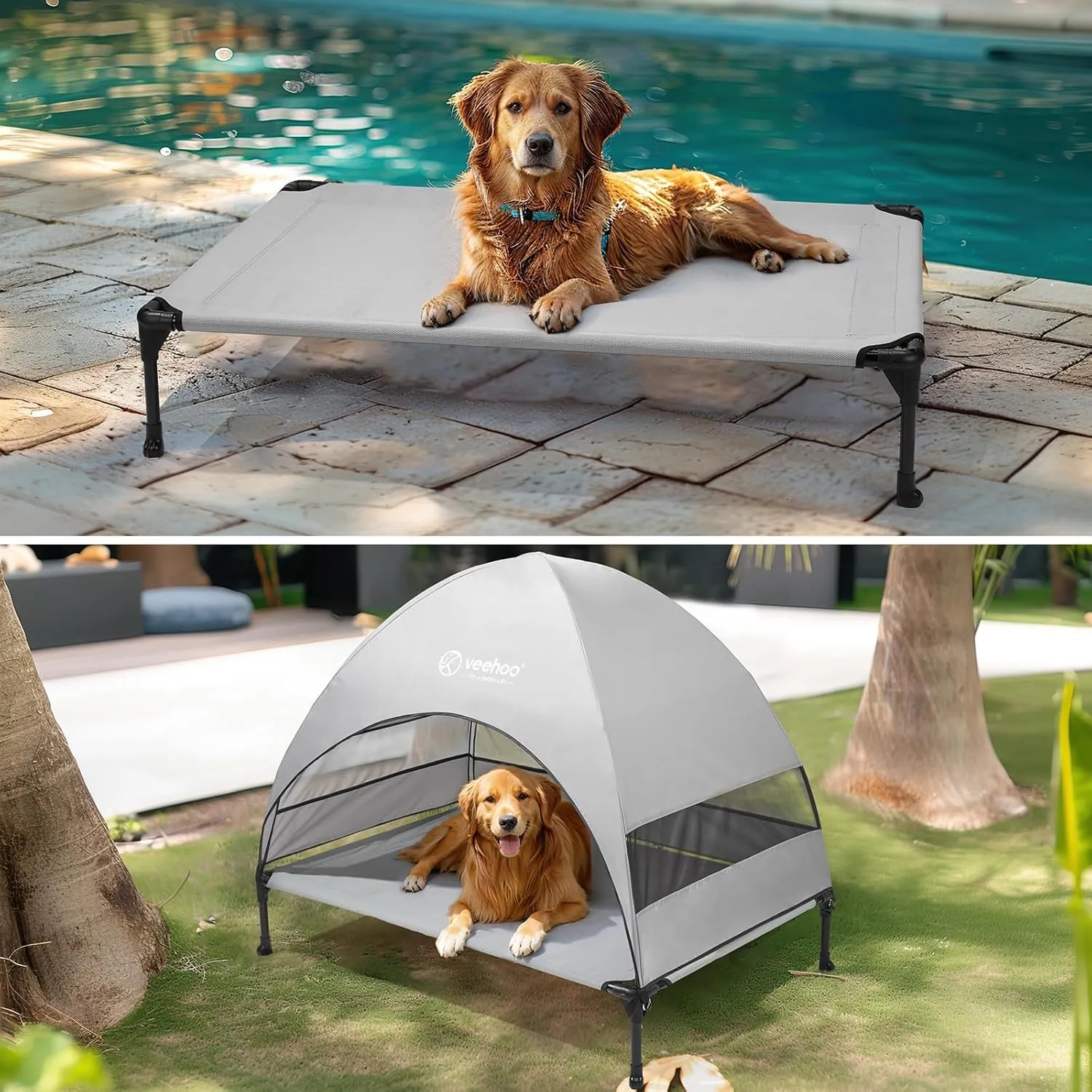 Veehoo Outdoor Dog Bed with Canopy, Cooling Elevated Pet Cot with Removable Shade, Non-Slip Feet, Raised Dog Cot for Large Dogs, Pet Tent Bed for Camping, Beach, Large, Grey, CWC2411