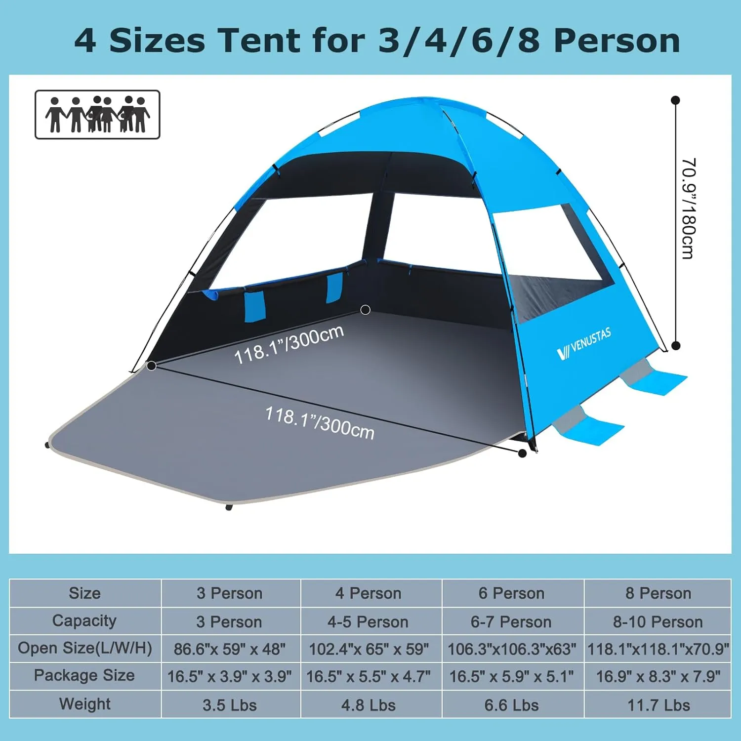 Venustas Beach Tent Sun Shelter for 3-10 Person, UPF 50  UV Protection Canopy, Lightweight and Easy Setup Cabana, Portable Beach Shade