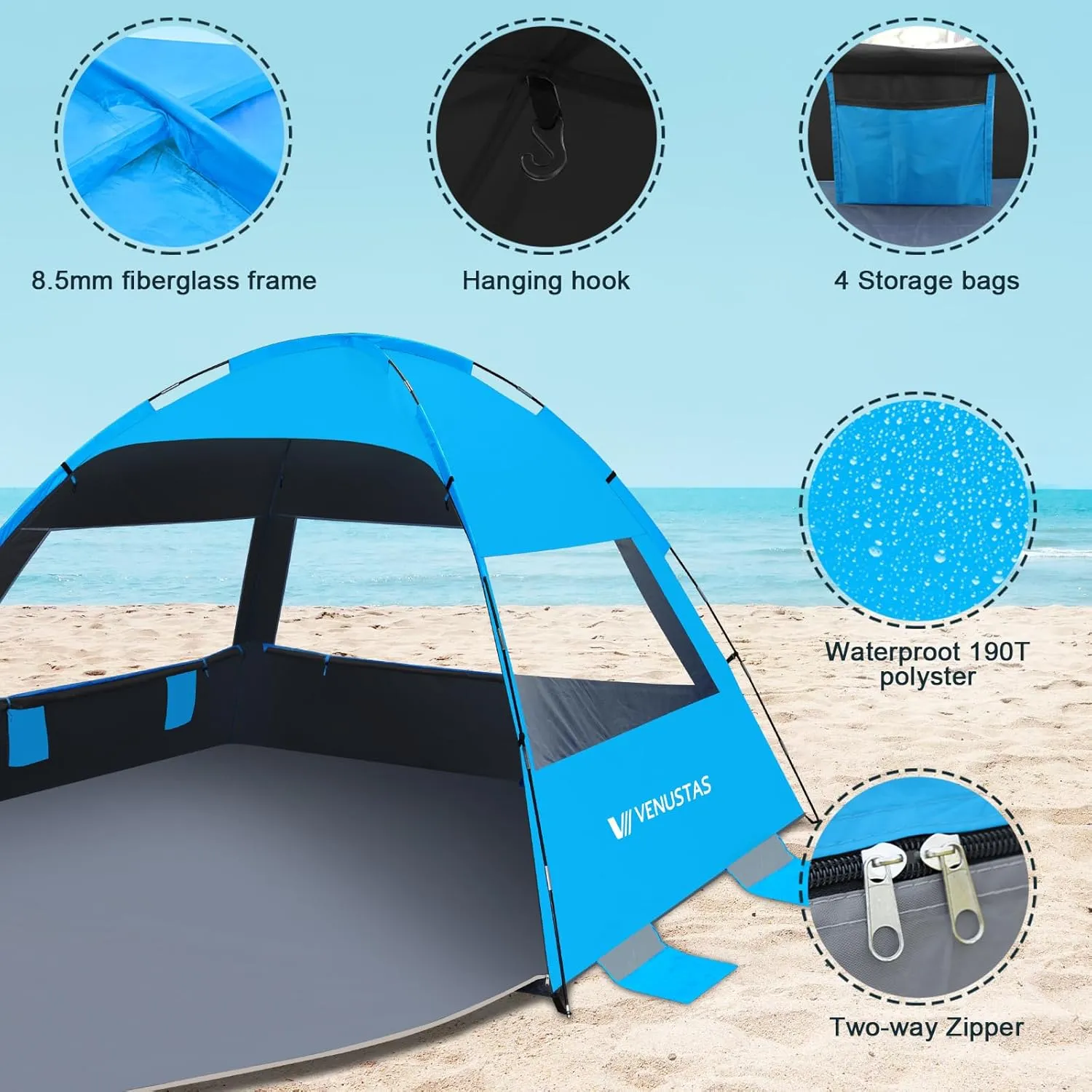 Venustas Beach Tent Sun Shelter for 3-10 Person, UPF 50  UV Protection Canopy, Lightweight and Easy Setup Cabana, Portable Beach Shade