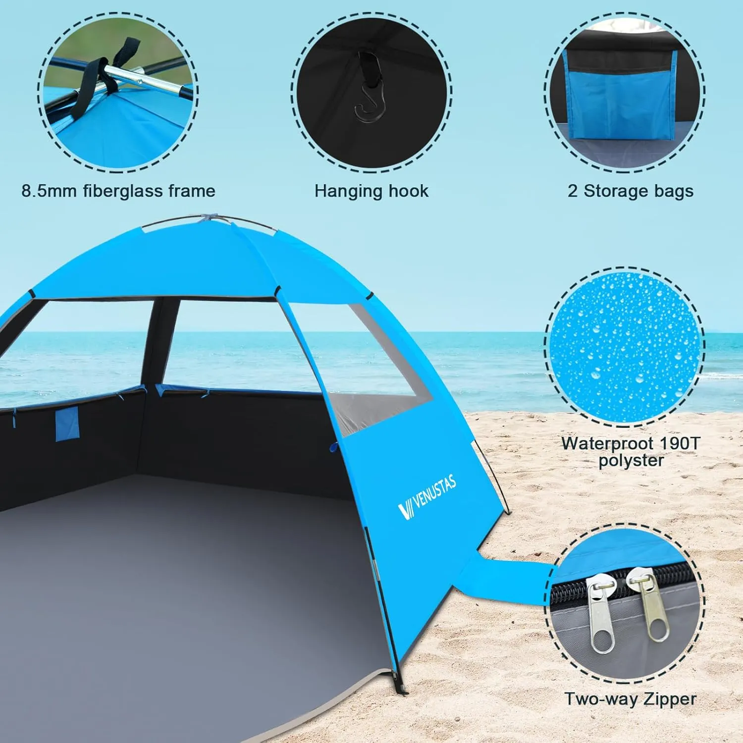 Venustas Beach Tent Sun Shelter for 3/4-5/6-7/8-10 Person, UPF 50  UV Protection Beach Canopy, Lightweight and Easy Setup Cabana, Portable Beach Shade Tent