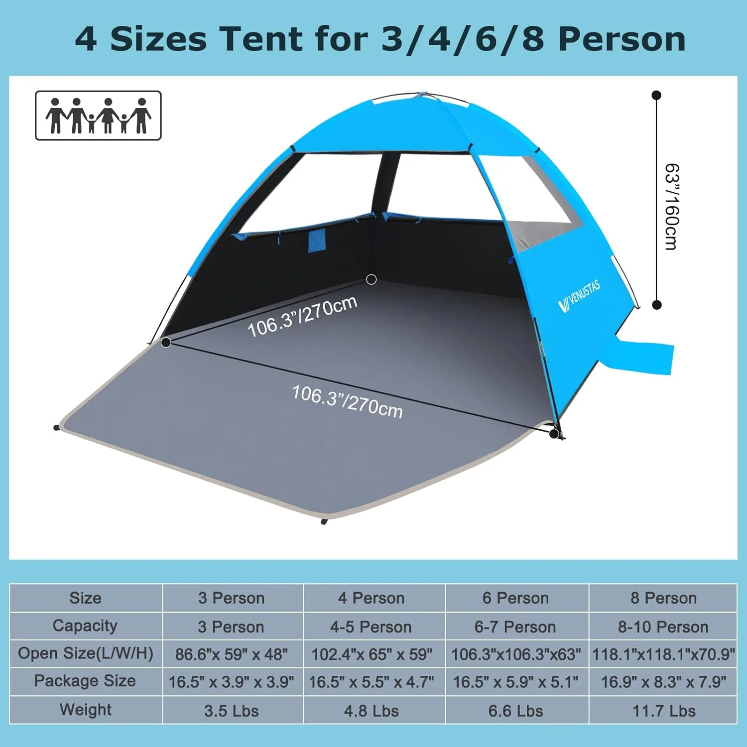 Venustas Beach Tent Sun Shelter for 3/4-5/6-7/8-10 Person, UPF 50  UV Protection Beach Canopy, Lightweight and Easy Setup Cabana, Portable Beach Shade Tent