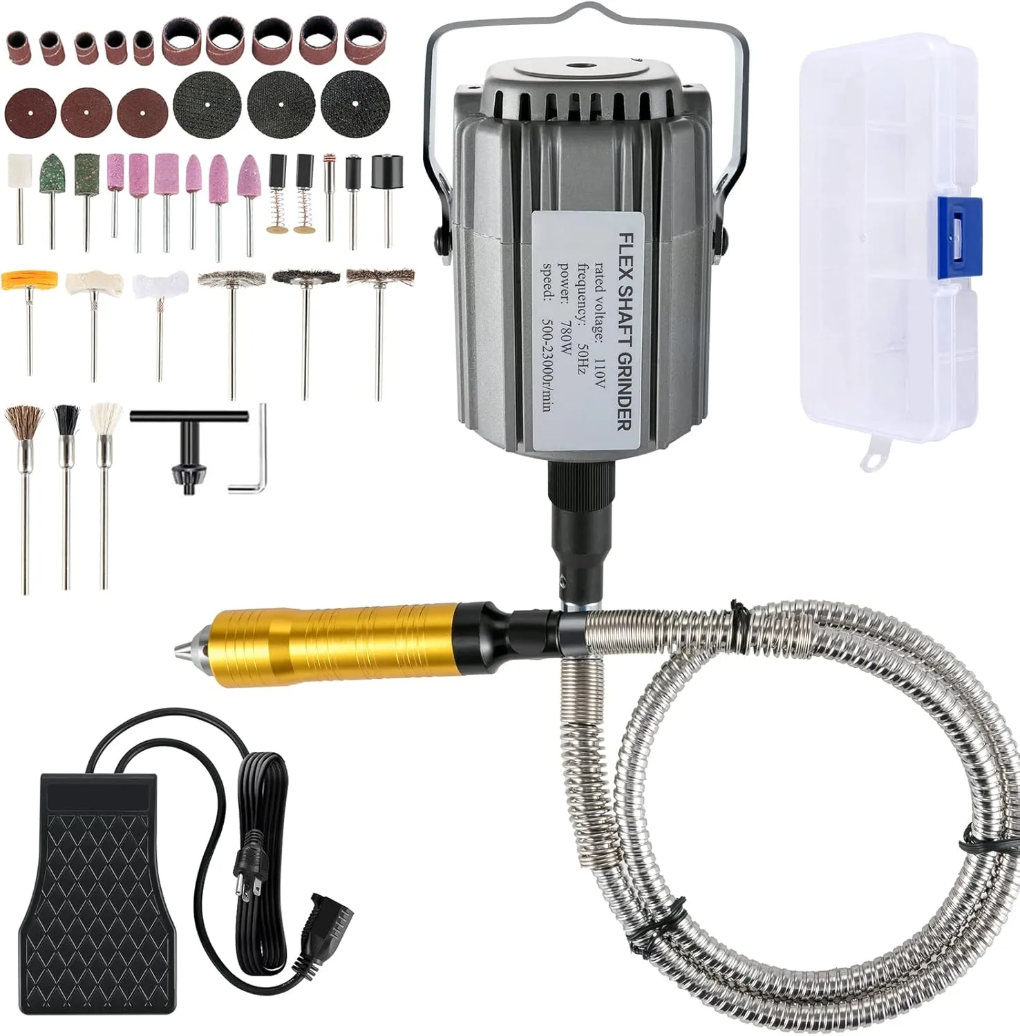 VEVOR Flex Shaft Grinder 780W Rotary Tool 500-23000RPM Rotary Carver with 1/4" 3-Jaw Chuck & Stepless Speed Foot Pedal Hanging Grinding Machine 131PCS Accessories for Jewelry Polishing Grinding DIY