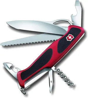 Victorinox Ranger 79 M Grip Swiss Army Knife, 12 Functions, Swiss Made Pocket Knife with Wood Saw, Large Lock Blade and Toothpick - Red/Black