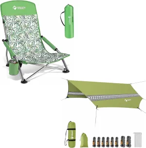 VILLEY Low Beach Chair, High Back Folding Beach Chair for Adults & Hammock Tent Rain Fly, Octagonal Waterproof Camping Tarp