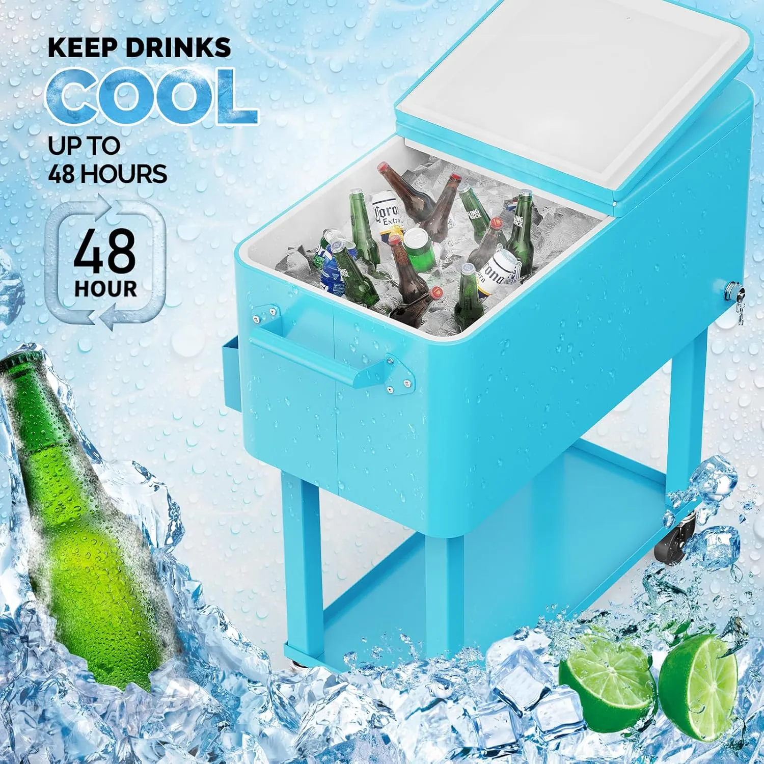 VINGLI 80 Quart Rolling Ice Chest, Portable Patio Party Bar Drink Cooler Cart, with Shelf, Beverage Pool with Bottle Opener