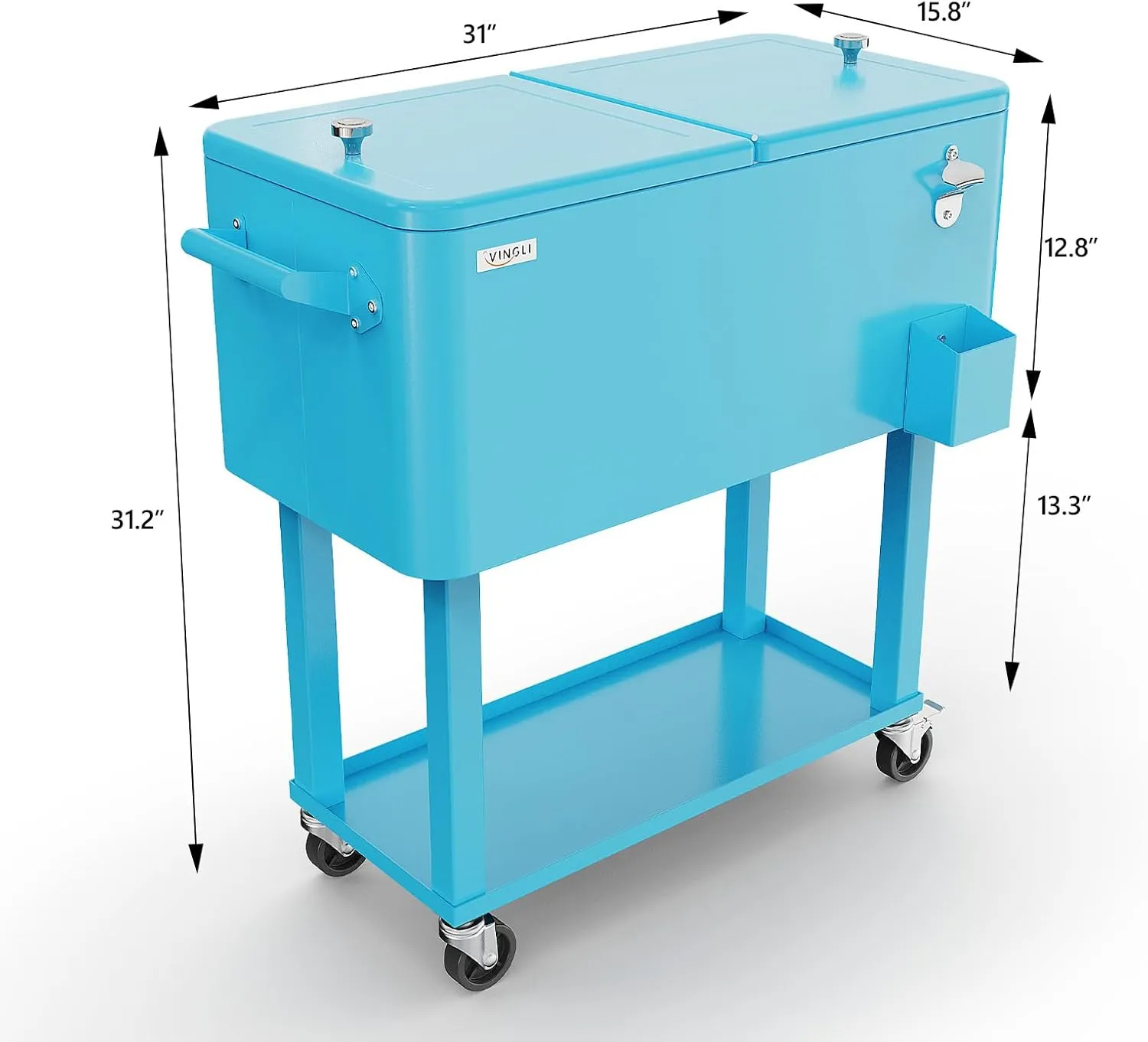 VINGLI 80 Quart Rolling Ice Chest, Portable Patio Party Bar Drink Cooler Cart, with Shelf, Beverage Pool with Bottle Opener