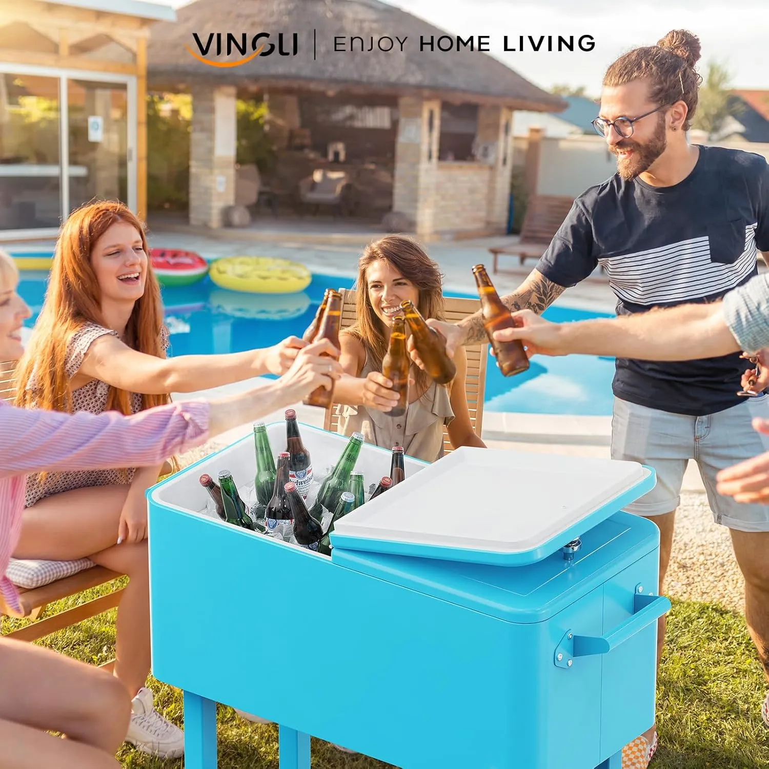VINGLI 80 Quart Rolling Ice Chest, Portable Patio Party Bar Drink Cooler Cart, with Shelf, Beverage Pool with Bottle Opener