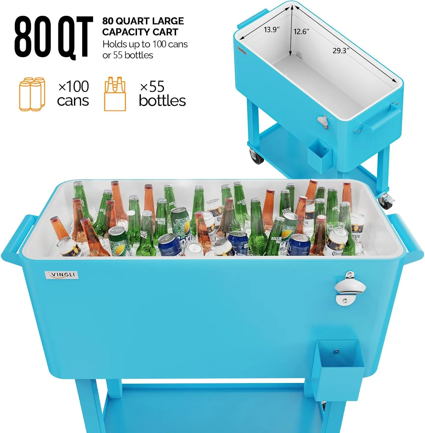VINGLI 80 Quart Rolling Ice Chest, Portable Patio Party Bar Drink Cooler Cart, with Shelf, Beverage Pool with Bottle Opener
