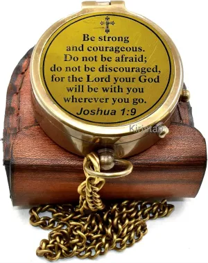 Vintage Brass 2 Inch Compass | Be Strong and Courageous Do not be afraids | Engraved Pocket Chain Compass with Leather Case for Outdoor Hiking Traveling Use