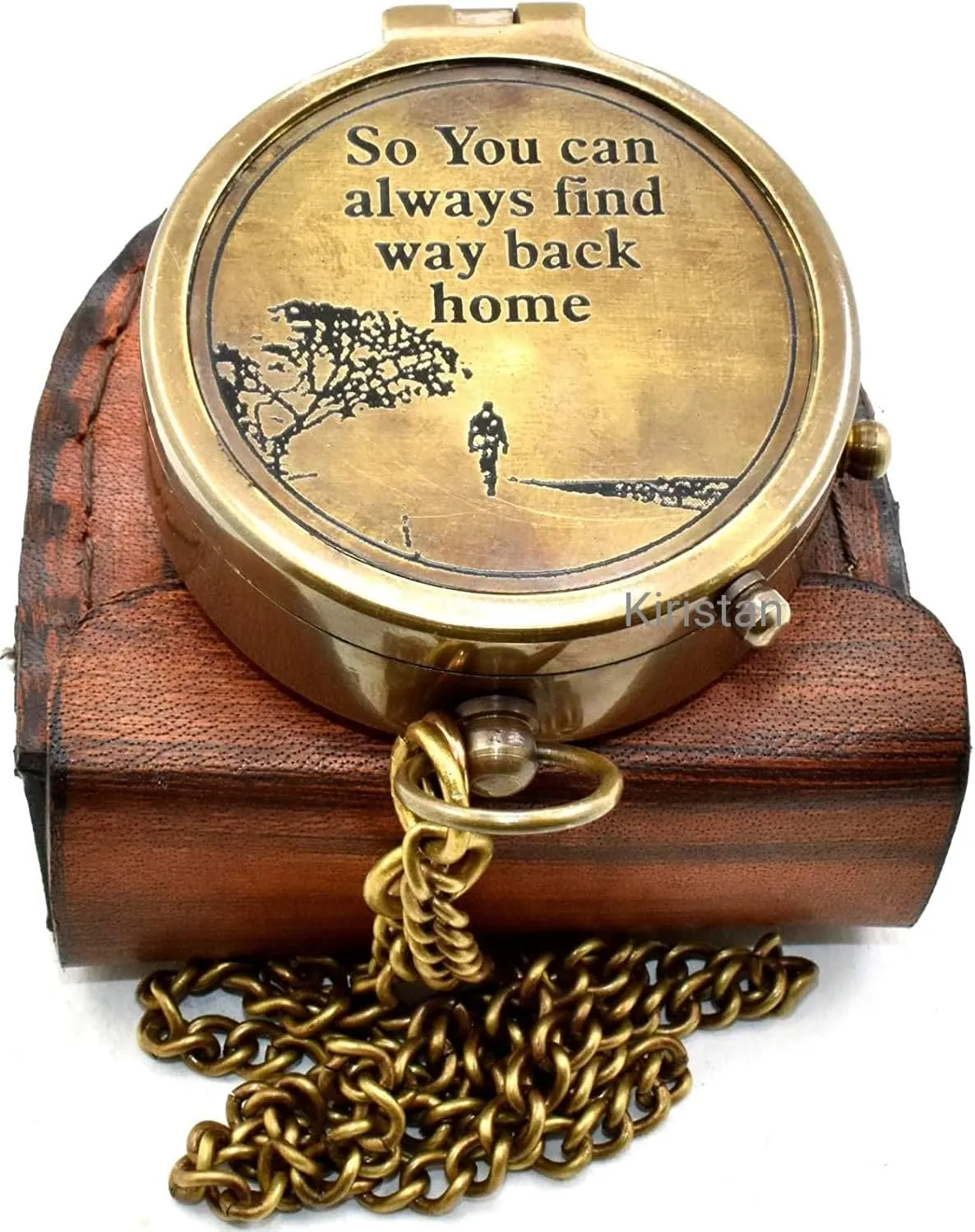 Vintage Brass 2 Inch Compass |So You Can Always find Way Back Home.| Engraved Pocket Chain Compass with Leather Case for Outdoor Hiking Traveling Use