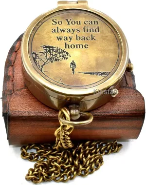 Vintage Brass 2 Inch Compass |So You Can Always find Way Back Home.| Engraved Pocket Chain Compass with Leather Case for Outdoor Hiking Traveling Use