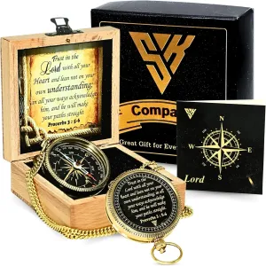 Vintage Brass Compass with Inspirational Engraving 'Trust in The Lord' – Handcrafted Wooden Box Included