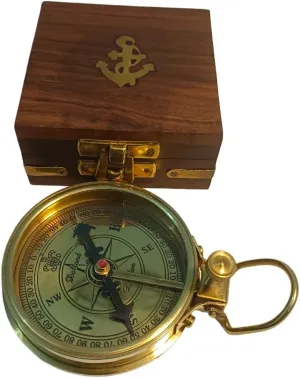 Vintage Brass Compass with Wooden Storage Box, Nautical Navigation Tool, Anchor Design