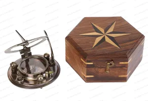 Vintage Brass Sundial Compass – Engraved Navigation Instrument with Wooden Case & Calendar – Baptism Gift for Son, Loved Ones, Camping & Hiking