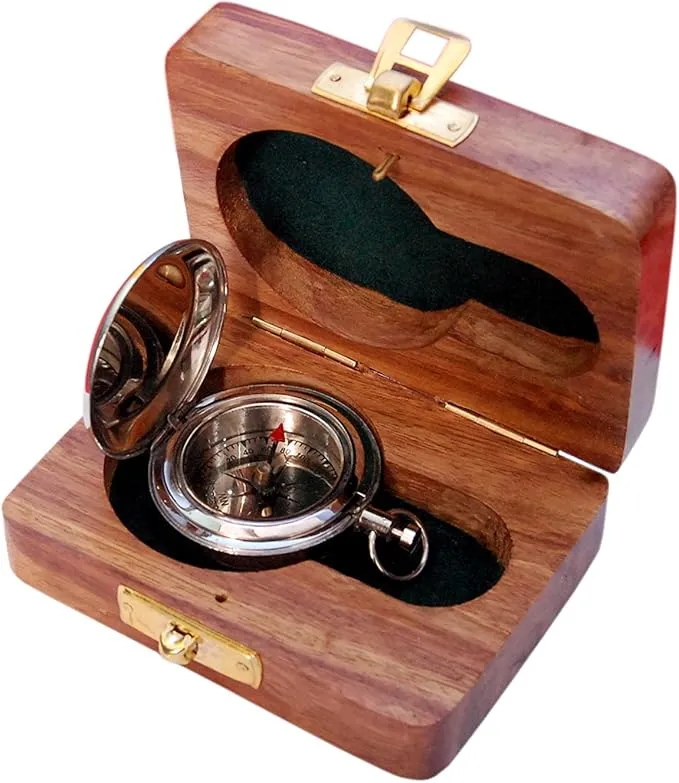 Vintage Brass Sundial Compass with Leather Case - Antique Brass & Copper Sun Clock for Camping, Hiking, Touring - Engraved Gift for Him - Nautical Ship Replica Watch - Sundial Clock in Box